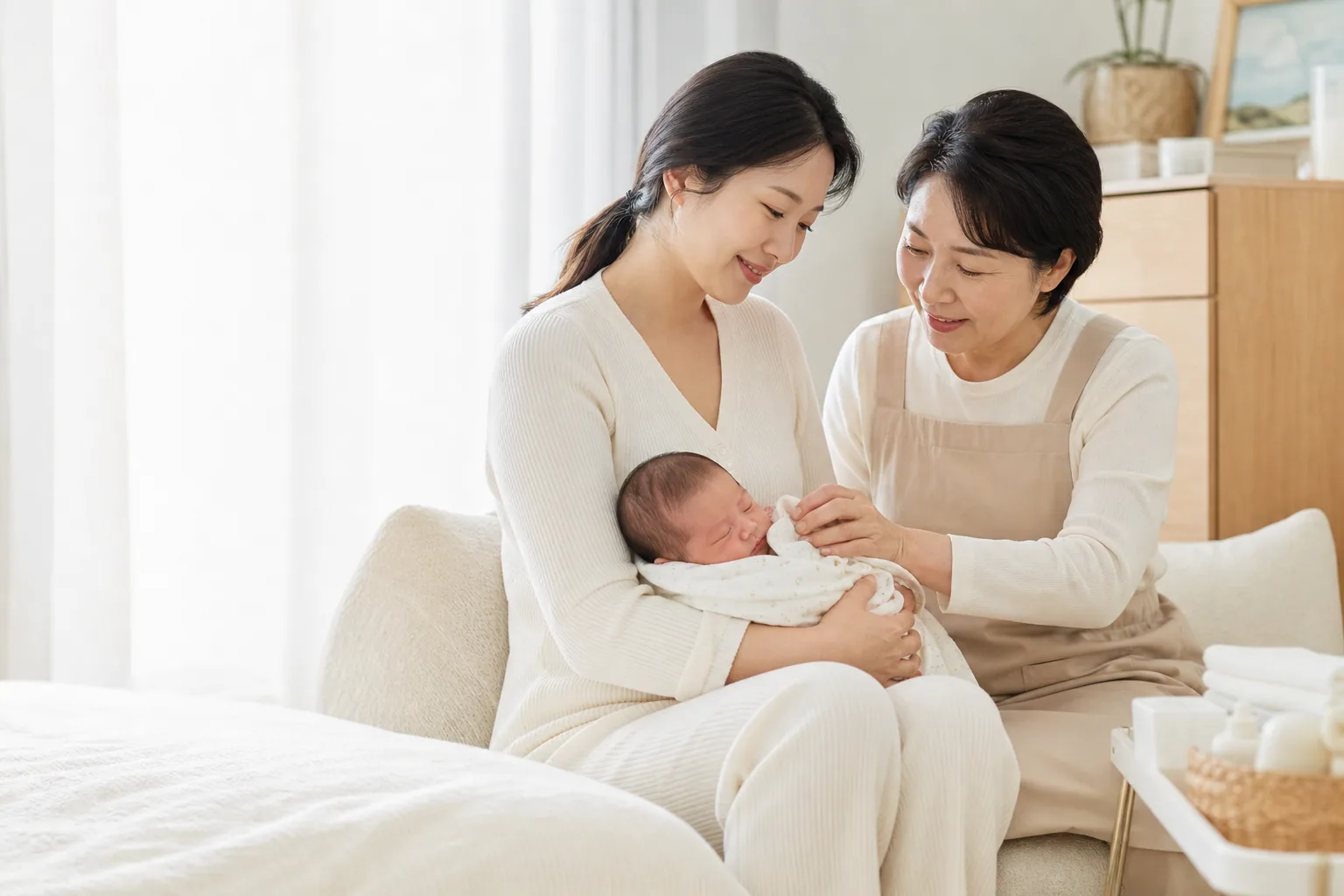 햇살이 드는 방에서 산모가 신생아를 안고 있는 모습