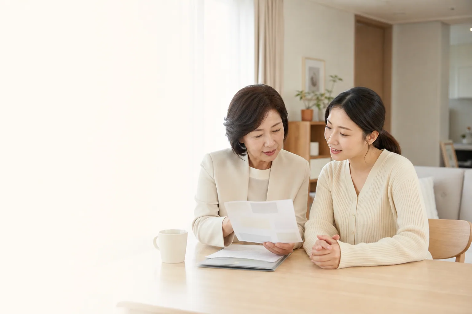 가정에서 정부지원 바우처 상담을 받는 산모