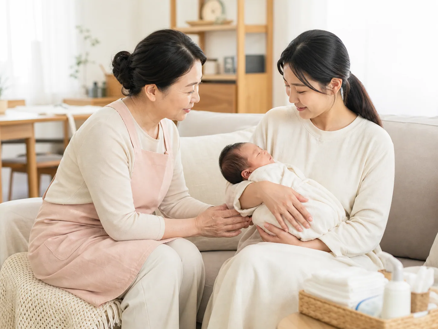 산모와 함께 신생아의 상태를 살피는 산후관리사