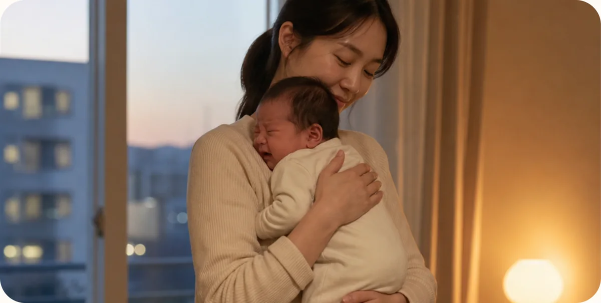 우는 아기를 안고 달래는 산모