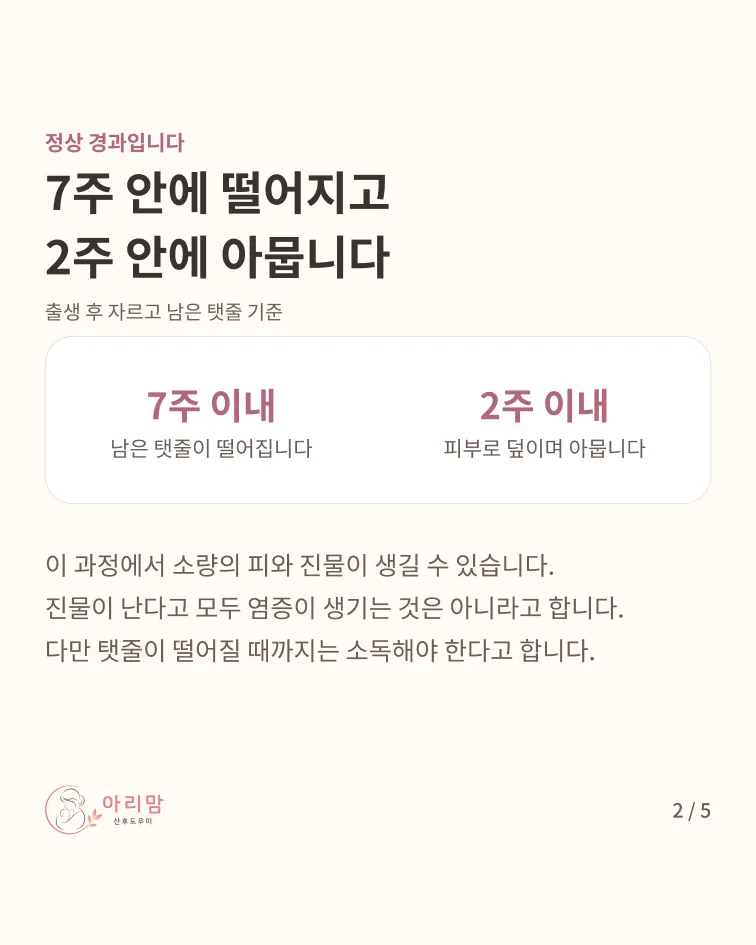 아무는 데 걸리는 시간 — 대개 7주 이내에 떨어지고 2주 이내에 아문다 · 그 사이의 소량의 피와 진물은 이 과정에서 생길 수 있다
