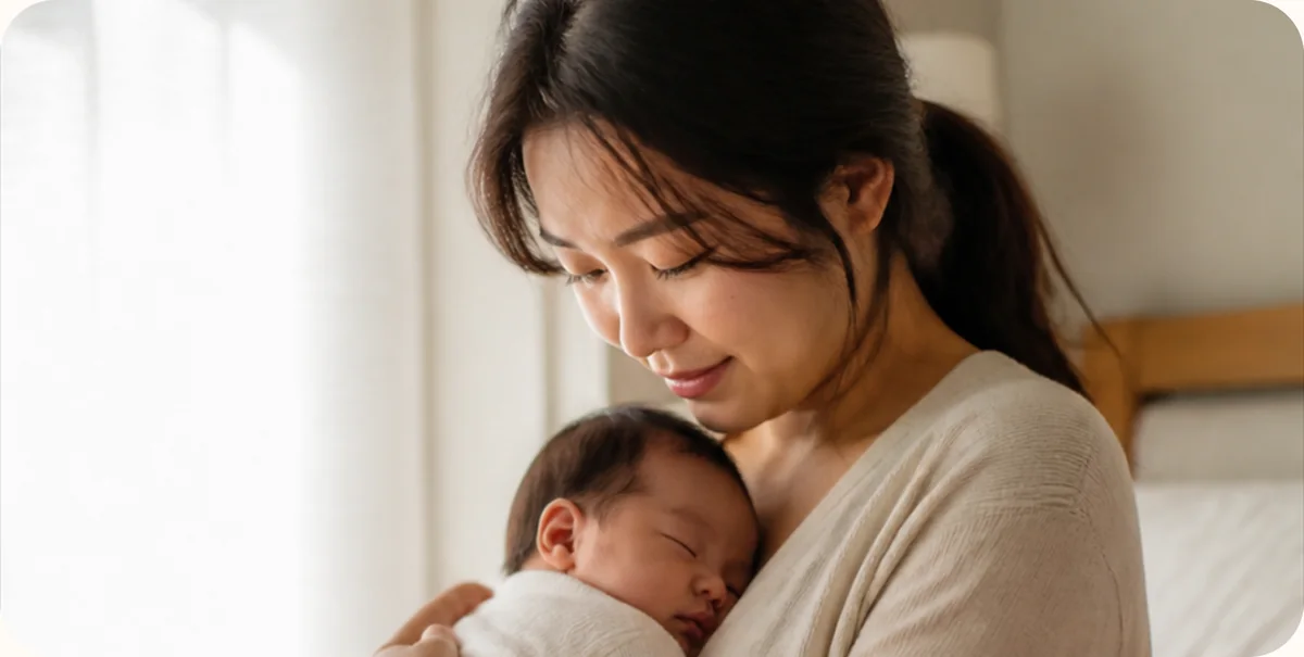 아기를 품에 안고 내려다보는 산모