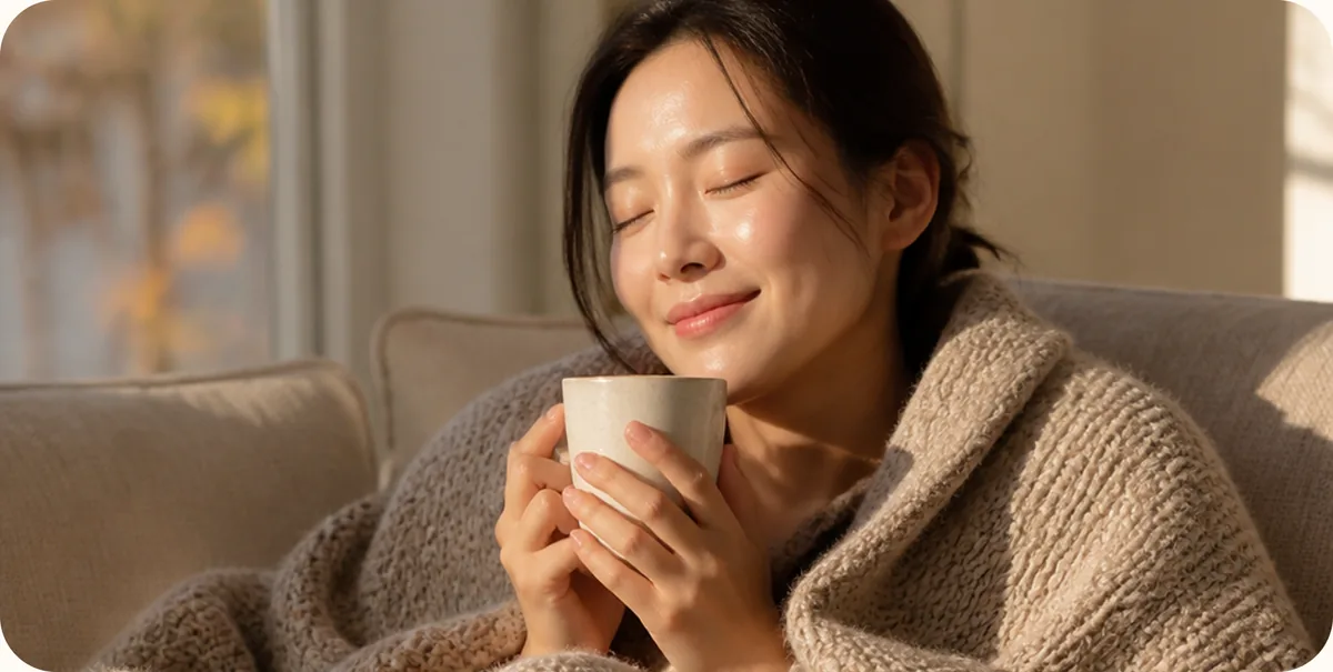 담요를 덮고 소파에 기대 앉아 따뜻한 잔을 두 손으로 든 산모