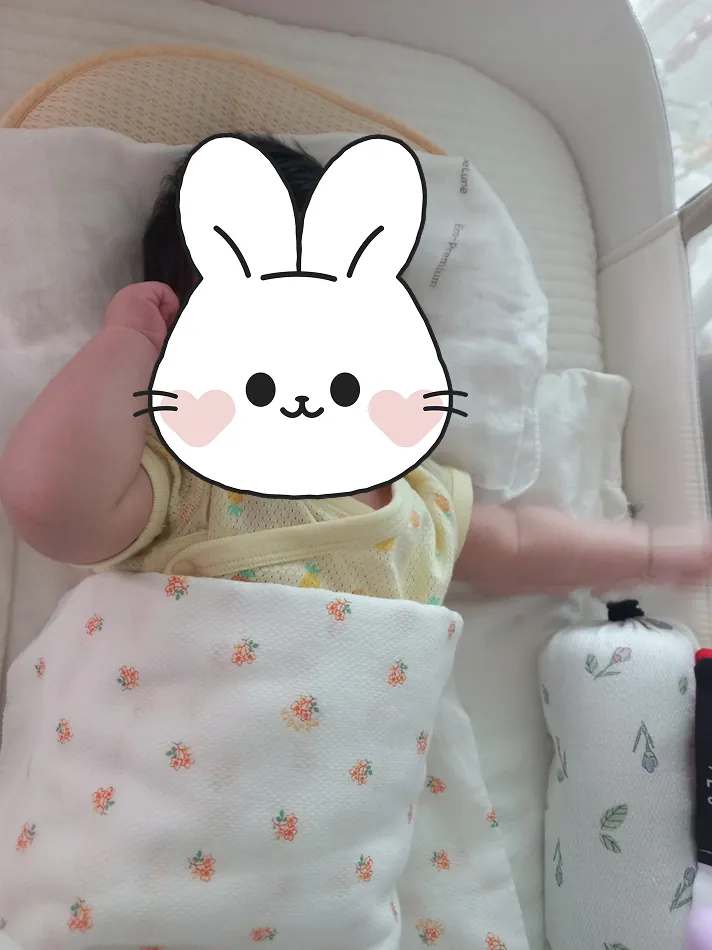 아기 침대에서 베개를 베고 누워 있는 신생아